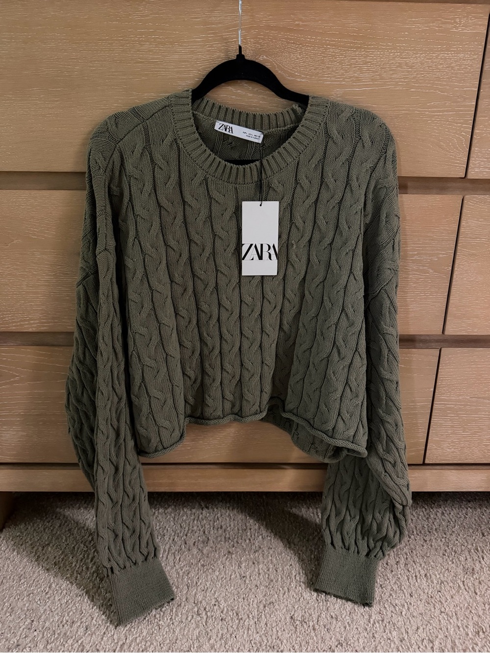 Zara Olive Cable Knit Cropped Crew Sweater